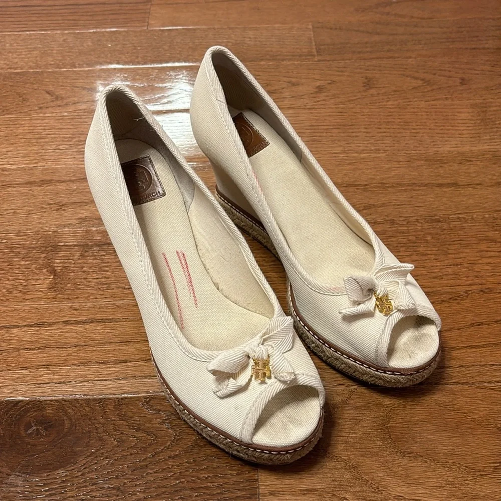 Tory Burch Ivory Jackie Canvas Espadrille Wedges - size 9.5 - Picture 2 of 10